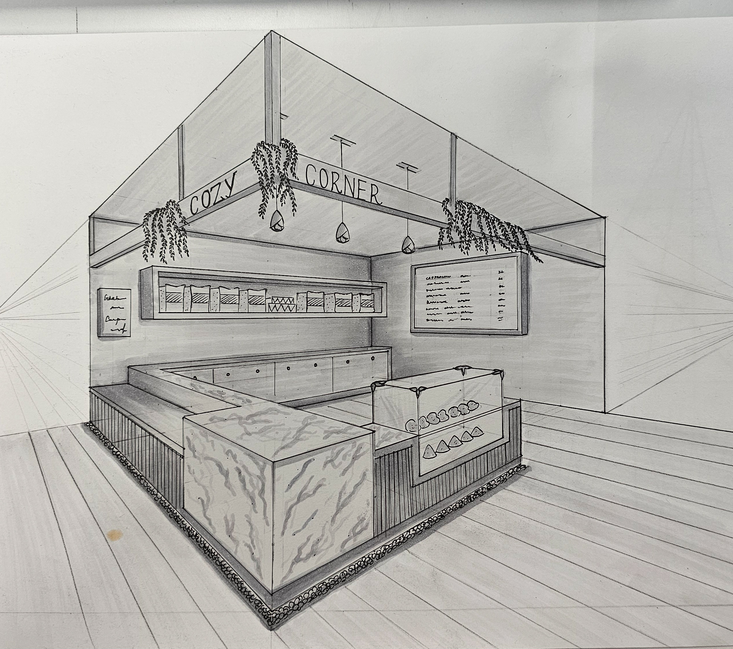 Cozy Corner CafÃ© â€” hand-drawn perspective sketch