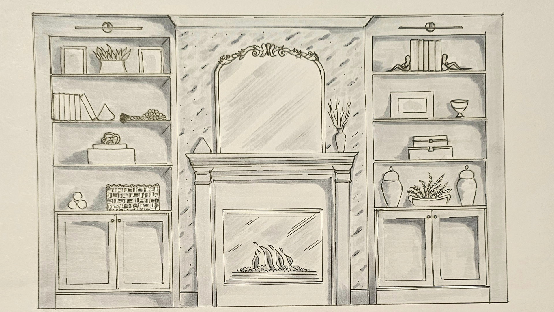 Freehand sketch â€” fireplace and built-in shelving